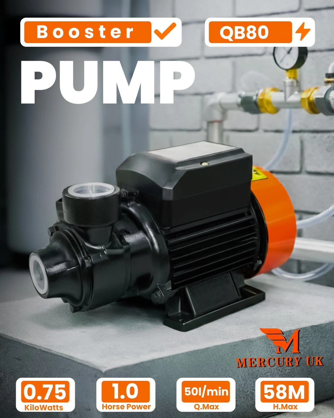 Mercury UK 58Mtrs Booster Pump 0.5HP QB80