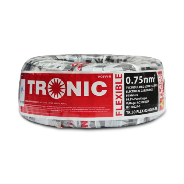 Tronic 0.75mm² 2-Core PVC Insulated Flexible Electrical Cable – 50M Black Roll